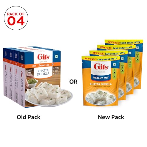 Image of Gits Instant Khatta Dhokla Mix, Makes 40 Per Pack, Pure Veg, Instant Indian Snack Mix, 800g (Pack of 4, 200g Each)
