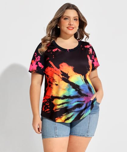 Image of CARCOS Plus Size Tops for Women Short Sleeve Shirt Summer Star /Leopard /Tie Dye /Flower Crewneck Pullover Tunic XL-5XL