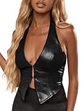 SOLY HUX Women's PU Leather Halter Tank Tops Sexy Deep V Neck Asymmetrical Vest Corset Party Clubwear Pure Black Small