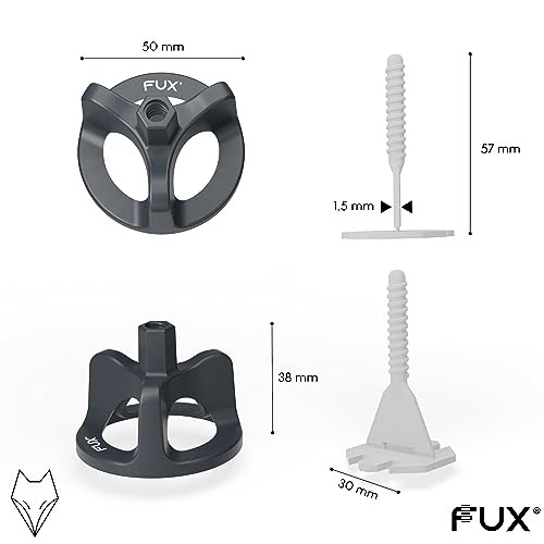 FUX Fliesen Nivelliersystem 1,5mm, Fliesenleger Set: 100 Zughauben + 200 Gewindelaschen 1,5mm, Fliesenverlegehilfe Set Fliesen Verlegesystem Fliesenleger Werkzeug Set (300 Set 1,5mm)