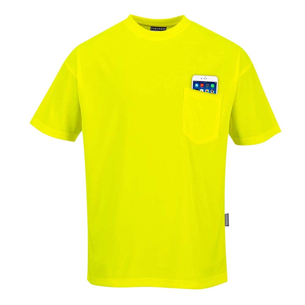 Portwest S578 Camiseta Day-Vis Manga Corta Cuello Redondo Lavable a Máquina | Amarillo, L, UPF 50+, 1 Bolsillo para Seguridad, Unisex, Tejido Transpirable, Acabado Absorbente de Calidad, Poliéster