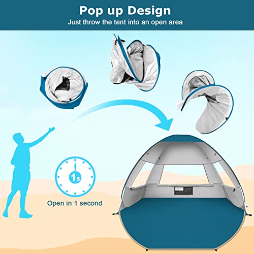 Commouds Large Pop Up Beach Tent Beach Umbrella Automatic Sun Shelter Cabana Easy Set Up Light Weight Beach Canopy For 3-4 Person Anti-Uv Portable Sunshade Beach Shade(Silver) #TOP5
