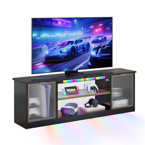 Bestier Gaming TV Stand with Music Sync Light, Flow Vibe Entertainment Center (Black Marble, 57 inch)