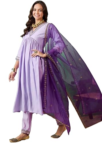 Image of TRENDMALLS Women's Chanderi Silk Embroidery Work Salwar Suit Set Kurta Pant with Dupatta For Women