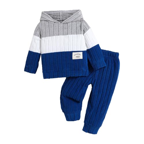 QUNERY Toddler Baby Boy Clothing Hoodie Tops Striped Color Matching Long Pants Baby Clothes For Boy blue 9-12 months