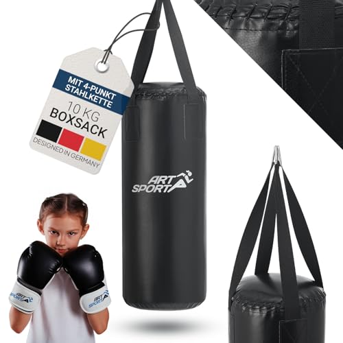 ArtSport Boxsack Set gefüllt & hängend - Kinder Boxset 10 kg mit Boxhandschuhen, Bandagen & Deckenhalterung - ab 6 Jahre - Boxsack Boxen Kickboxen