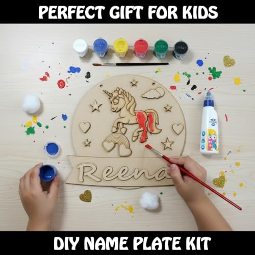 Image of Varenyam Personalized Wooden Name Plate Painting Kit for Kids | DIY Name Plate Board | Creative Art & Craft Gift for Boys & Girls | Birthday Gifts, Return Gifts for Kids (E)
