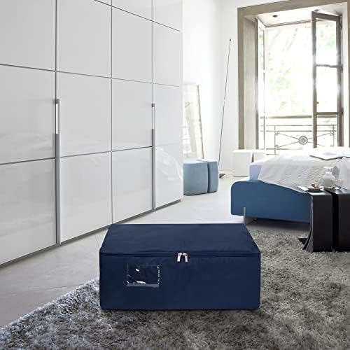 Amazon Brand  Umi 49L Large Underbed Clothes Storage Bag with Sturdy Zipper, Foldable Storage Box with Reinforced Handle for Comforters, Duvets, Blankets, Bedding -3 Pack, Large, Dark Blue