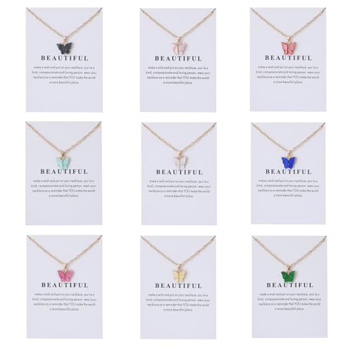 9Pcs Bohemian Butterfly Pendant Necklace Set,Dainty Adjustable Acrylic Colorful Insect Chain Necklace Minimalist Choker Necklace for Women Lover Jewelry