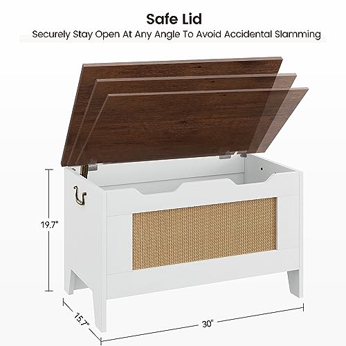 IDEALHOUSE Storage Chest, Rattan Toy Chest for Boys Girls, 30\" Kids Wood Large Toy Box, Storage Bench with Safety Hinge,Storage Trunk for Entryway, Living Room, Bedroom, Playroom, White