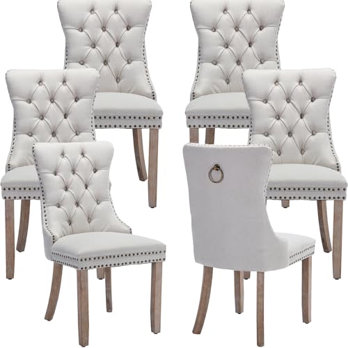 Beige Linen Dining Chairs Set of 6, Tufted Upholstered Chairs