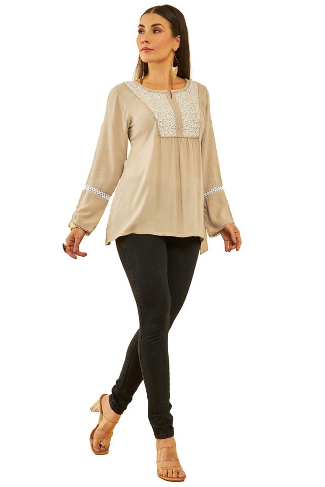 Soch Womens Beige Crepe Yoke Design Embroidery Tunic with Lace 2