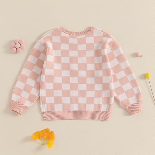 Kids Girl Checkered Sweater Letter Flower Embroidery Crew Neck Long Sleeve Pullover Knit Tops Winter Fall Clothes4