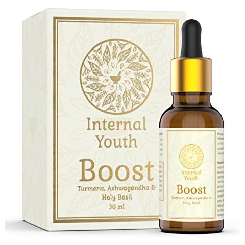 High Strength Anti Inflammatory & Immune System Supplement - Turmeric Ashwagandha and Holy Basil (Tulsi) Liquid - Natural Pain Relief, Immune Booster & Adaptogen Supplement - Boost by Internal Youth Cover