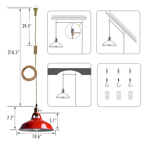 Image of YUBOLE Plug-in Pendant Light Vintage Red Barn Shade-10.06 inch W with Switch