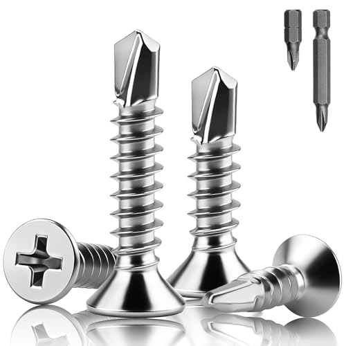 XRXYMQ 200 Pièces Vis Autoforeuse Metal M4.2 x 25 mm Autoforeuse Inox 410 Tête Fraisée Vis Autoperforante Pointe de Forage Autoperceuses pour Tôle Plastique Bois