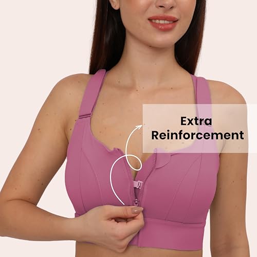 Image of GLAMORAS Women Poly Spandex Padded High Impact Front Zip Compression Sports Bra Criss Cross Back Adjustable Velcro Strap at Band & Shoulder for Gym, Yoga, Running, Fitness & Workout - Size: M-4XL