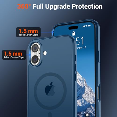 Image of SUPFINE Magnetic for iPhone 16 Case with Screen Protector (Compatible with MagSafe) (Military Grade Drop Protection) Translucent Matte Shockproof with Anti-Fingerprint Phone Case,Deep Blue
