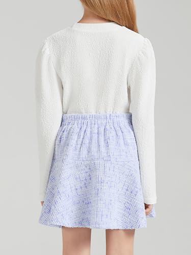 Image of Girl's Skirt Sets 2 Piece Fall Outfits Crew Neck Jacquard Puff Sleeve Tops Tweed Mini Skirt Cute Kids Clothing Set