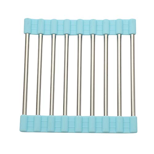 Genérico Escurridor Enrollable Rejilla de Drenaje Plegable Acero Inoxidable con Borde Silicona, Antideslizante, for secar Platos, Tabla for almacenar Frutas, Herramienta Cocina(Blue)