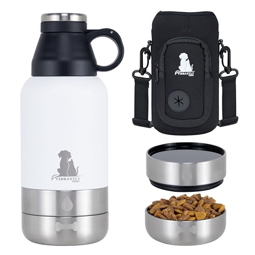 Vibrantly Yours Portable Dog Water Bottle – 32oz Stainless Steel with 2 Built-In Bowls and Carrying Bag