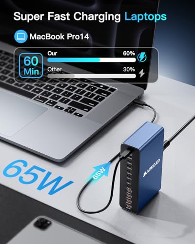 Image of MEKIOJEO 12 Ports Aluminum Alloy 380W Charging Station Fast USB C Charger Block 65W Laptop GaN Charger for MacBook Pro /Air /iPad Pro /iPhone (Blue)