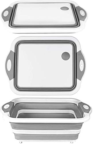 Kshavi Collapsible Cutting Board - 3 in 1 (Grey) | Multi-Functional Chopping Board | Basket and Strainer | Chopping Board with Colander | Draining Foldable Silicone Dish Tub for Vegetables and Fruits