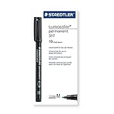 Caja con 10 rotuladores de color verde, recomendados para superficies sensibles como CD/DVD/Blu-ray y recargables con Lumocolor permanent refill station 487 17