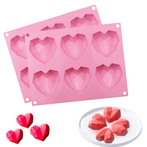 6-Cavity Diamond Heart Silicone Mold for Baking Non-Stick Valentines Day Chocolate Bomb Molds Silicone Heart Shaped Candy Ice Cube Tray Soap Making Molds (2 Pack) SEIHDHIK