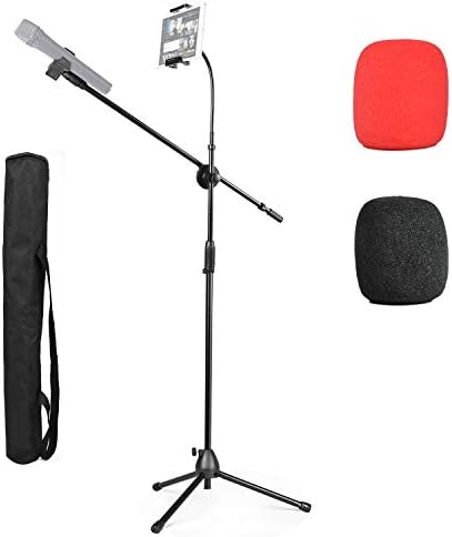 Microphone Tripod Stand, 2 in 1 Mic Boom Adjustable Portable Stand with Phone/iPad Stand, 2 Pics Foam Windscreen, Carrying Bag