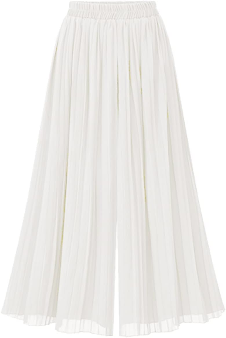 chouyatou Women's Elastic Waist A-Line Pleated Chiffon Cropped Wide Leg Pants Culottes
