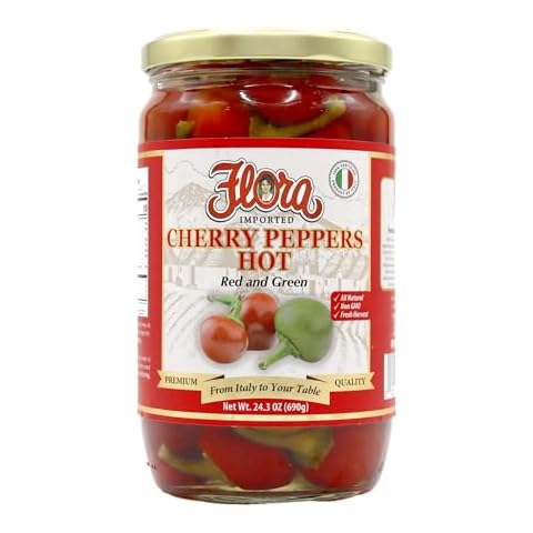Flora Foods Hot Red & Green Cherry Peppers - 24.3 Oz Jar - Imported from Italy Cover