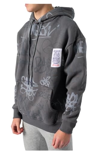 Sweat à capuche graffiti homme en coton gris texturé avec étiquette apparente