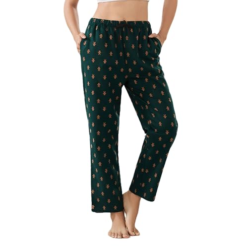 U2SKIIN Womens Flannel 100% Cotton Pajama Pants Lightweight Sleepwear Cute Pj Bottoms with Pockets Printed (GINGERBREAD-DARK GREEN, M)