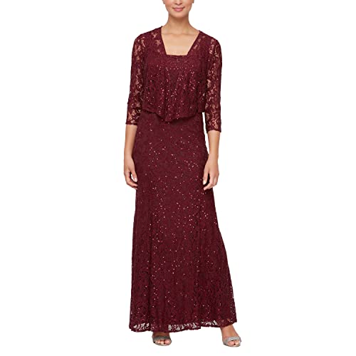 Alex Evenings Women's Long Mother of The Bride Sequin Lace Jacket Dress with Illusion Sleeves (Petite and Regular Sizes), Wine, 16