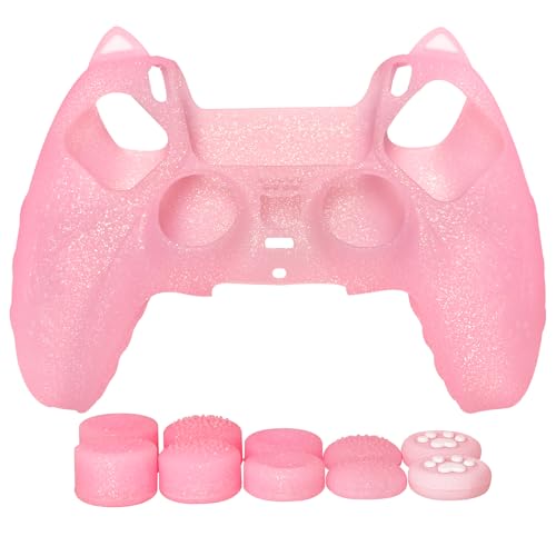 HLRAO Pink Cat Glitter Anti-Slip Protective Silicone Cover Skin Grips Compatible with PS5/Slim/Pro Controller,8 PCS Glitter Thumb Grips Caps and 2 Paw Grips Caps. (Cat Pink) by HLRAO - Image 2