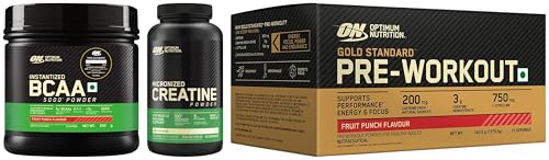 Image of Optimum Nutrition (ON) Micronized Creatine Powder - 250 Gram, Unflavored & ON BCAA, 30 servings (250gm, Fruit Punch) & ON Pre-Workout- 142.5g /15 single serve packs (Fruit Punch Flavor) (Combo)