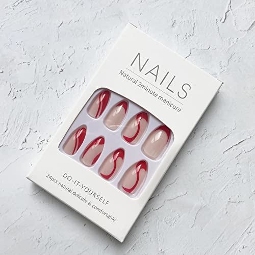 Red Press On Nails French Tip Fake Nails Almond Shape False Nails With Red Swirl Designs Full Cover Acrylic Nails Medium Stick On Nails Glossy Glue On Nails Red Nail Tip Cute Artificial Nails 24Pcs #TOP5