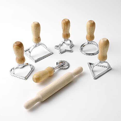 Ravioli Cutter Stamp Mold Set, 7 Pcs, 4 Inch, With Cutter And Wooden Rolling Pin (Regular Style) #TOP3