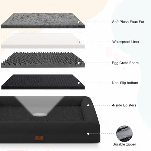 Image of XL Orthopedic Dog Bed Waterproof for Extra Large Size Dogs | 360 Degree Bolster Support, Egg Crate Foam, Waterproof Liner, Non-Slip Bottom, Machine Washable Cover, 41 x 29 Inch