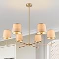Fanousek Rattan Chandelier, 6-Light Boho Pendant Light Fixtures with Wicker Lamp Shades, Adjustable 39'' Large Farmhouse Rustic Gold Hanging Lights for Dining Room Living Room Bedroom Kitchen Island