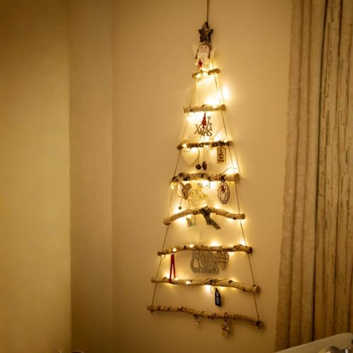 HomeZone Christmas Wooden Ladder Tree Hanging LED Lights - Rustic Space Saving Wall Tree Fairy Lights - Xmas Vintage Style Wall Mountable D.I.Y Scandinavian Shabby Chic Festive LED Decoration (123cm)
