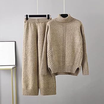 ZMIN Herfst Winter Gebreide 2-Delig Dames Set - Trui Met O-Hals En Wijde Broek