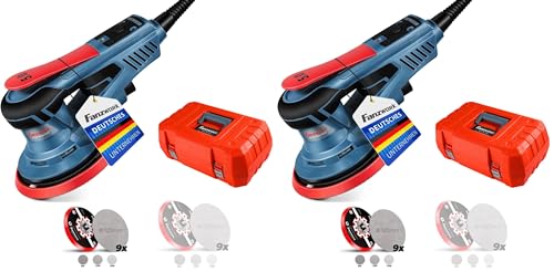 FANZWORK Bürstenloser Exzenterschleifer HG0024,mit 125mm/150mm Schleifteller,5mm Schleifhub, 7-Stufiger Drehzahlregelung bis 10.000 U/min, TELLER-BREMSE, 18x Schleifgitter, Tragkoffer (Packung mit 2)
