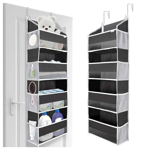 ULG Over Door Organizer with 4 Large Pockets 6 Mesh Side Pockets, 33 lbs Weight Capacity Hanging Storage Organizer with Clear Window for Bedroom Nursery, Baby Kids Toys, Diapers, Dark Grey (1 Pack)