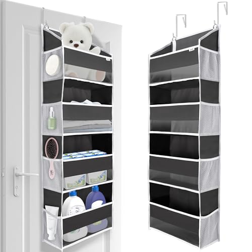 Image of ULG 1 Pack Over Door Organizer with 4 Large Pockets 6 Mesh Side Pockets, 36 lbs Weight Capacity Hanging Storage Organizer with Clear Window for Bedroom Nursery, Baby Kids Toys, Diapers, Dark Grey