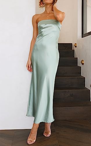 Merokeety FORMAL DRESS Women Strapless Satin Tube Bodycon Dress Backless Cutout Cocktail Party Maxi Dress Sage Small thumb #7
