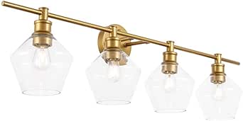Living District Gene Industrial Mid-Century Modern 4 Light Entryway and Bathroom Wall Sconce in Brass and Clear Glass