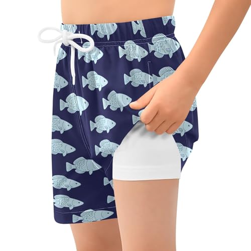 Navy Blue Fishes Boys Swim Trunks with Compression Liner Quick Dry Bathing Bottom Kids Beach Shorts2