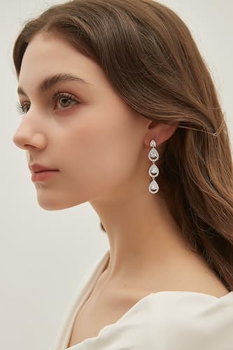 EAMTI 925 Sterling Silver Posts Dangle Earrings for Women Wedding Bridal Earrings Cubic Zirconia Teardrop Long Statement Earrings — view 3